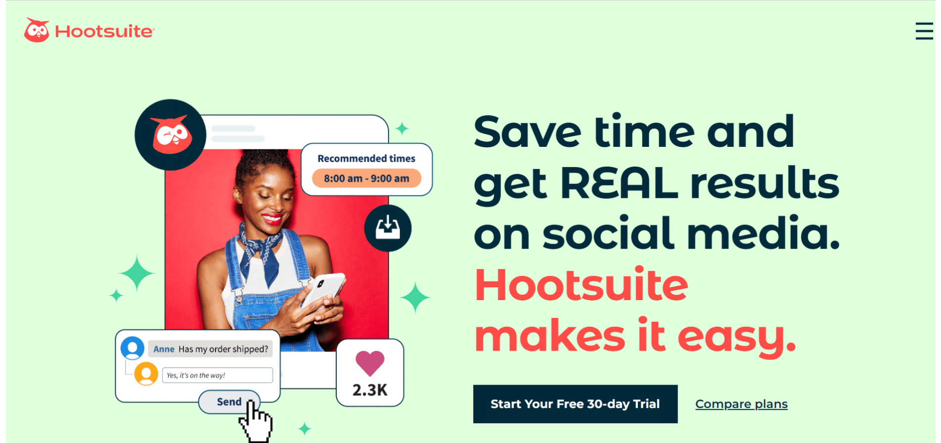 Homepage of hootsuite.com for the topic 'Top 12 AI Marketing Tools to Grow Your Business in 2023'