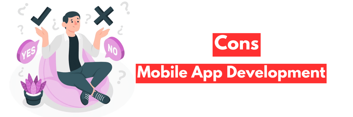 A confused man sitting with a yes text bubble on one hand and a no text bubble on other hand with text 'cons of mobile app development'