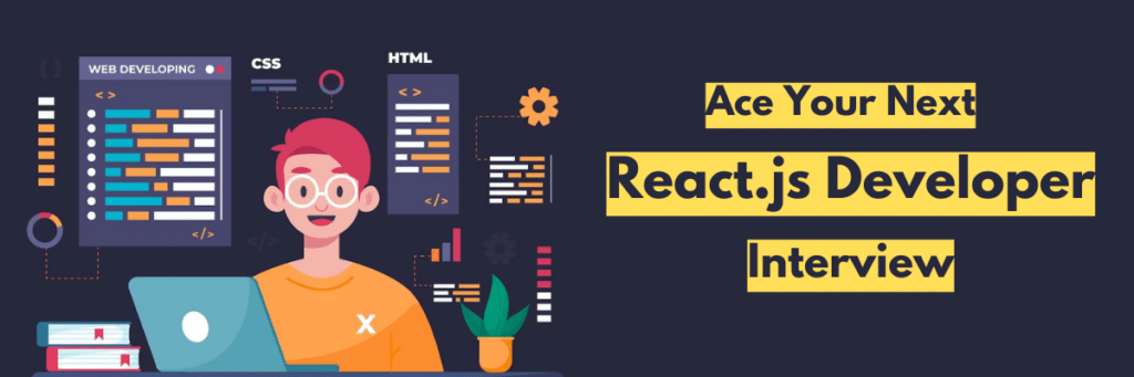 Hand drawn web developer image with text 'ace your next react.js interview'