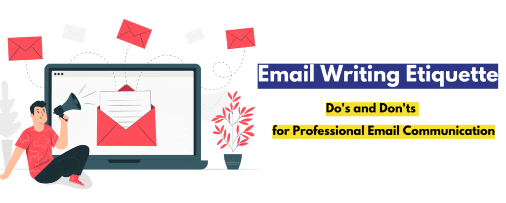 A man with laptop writing an email with text 'Email Writing Etiquette: Do's and Don'ts for Professional Email Communication'